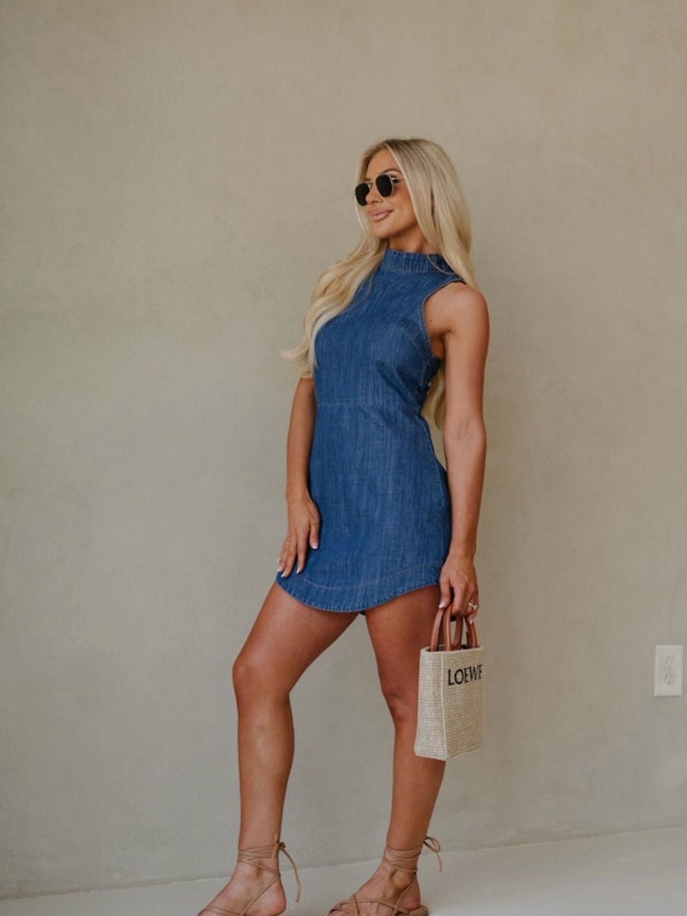 High-Neck Sleeveless Denim Mini Dress - Blue - Picture 2 of 3